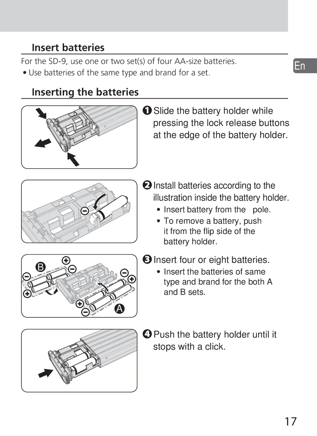 Nikon SD-9 user manual Insert four or eight batteries, Push the battery holder until it stops with a click 