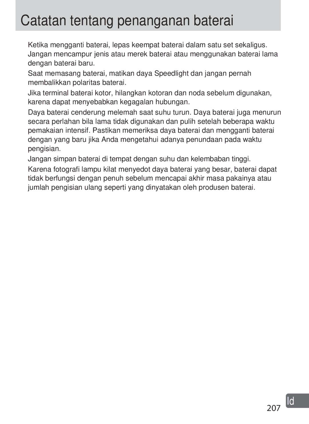 Nikon SD-9 user manual Catatan tentang penanganan baterai, 207 Id 