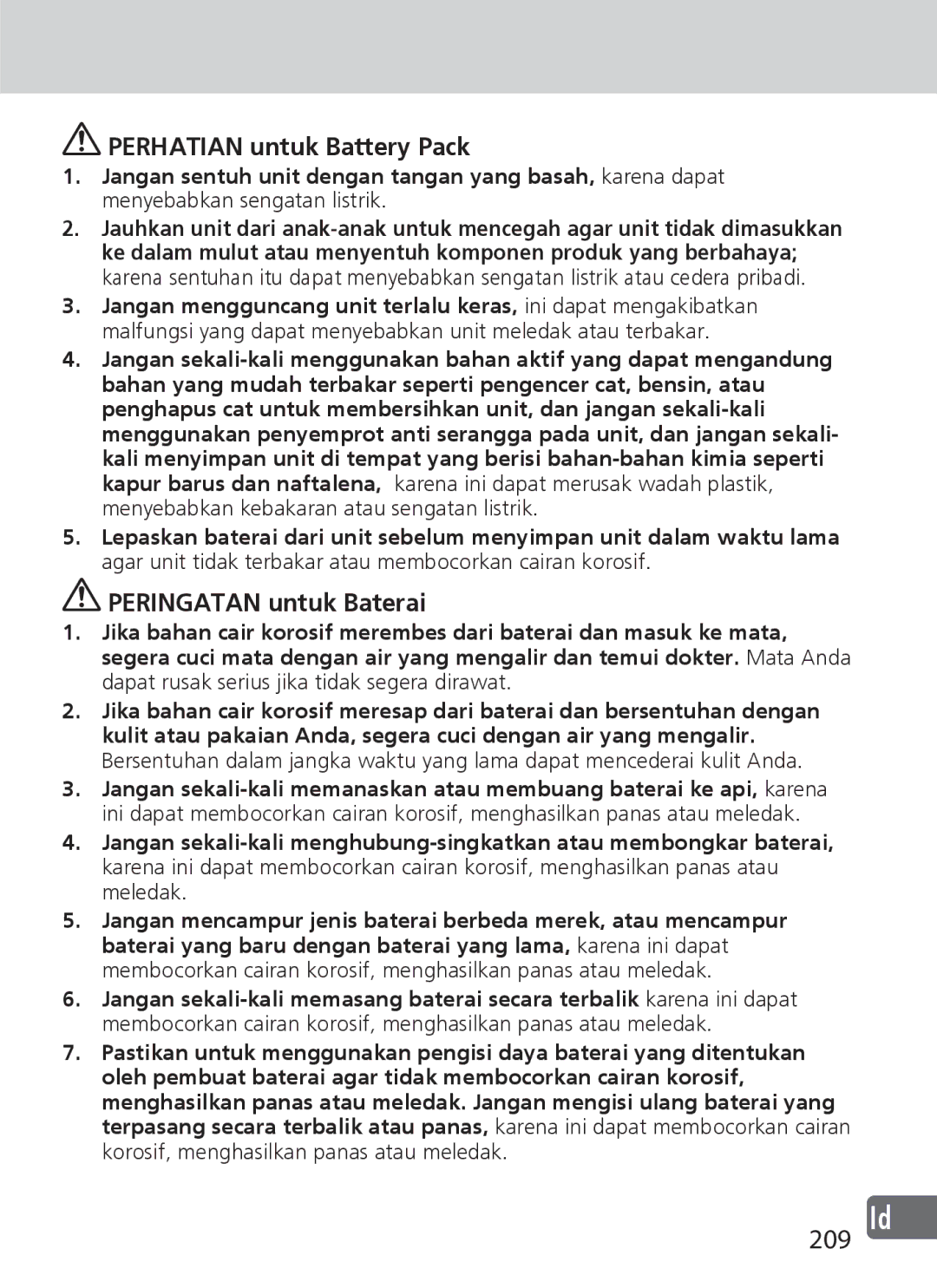 Nikon SD-9 user manual 209 Id, Perhatian untuk Battery Pack, Peringatan untuk Baterai 