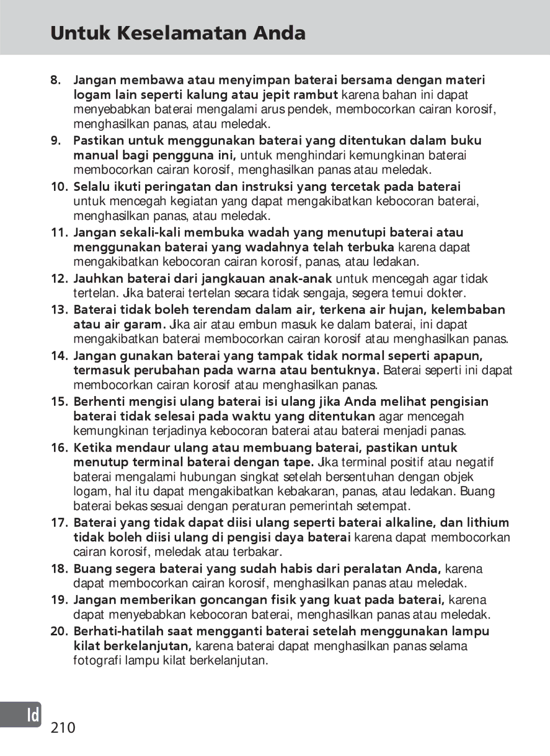 Nikon SD-9 user manual Untuk Keselamatan Anda, 210 