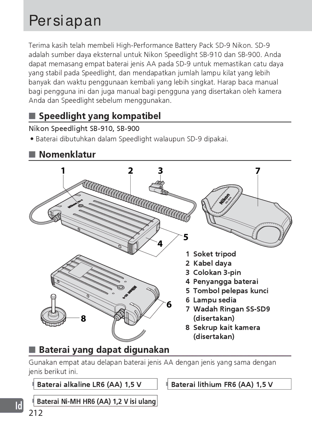 Nikon SD-9 user manual Persiapan, Speedlight yang kompatibel, Baterai yang dapat digunakan, 212 