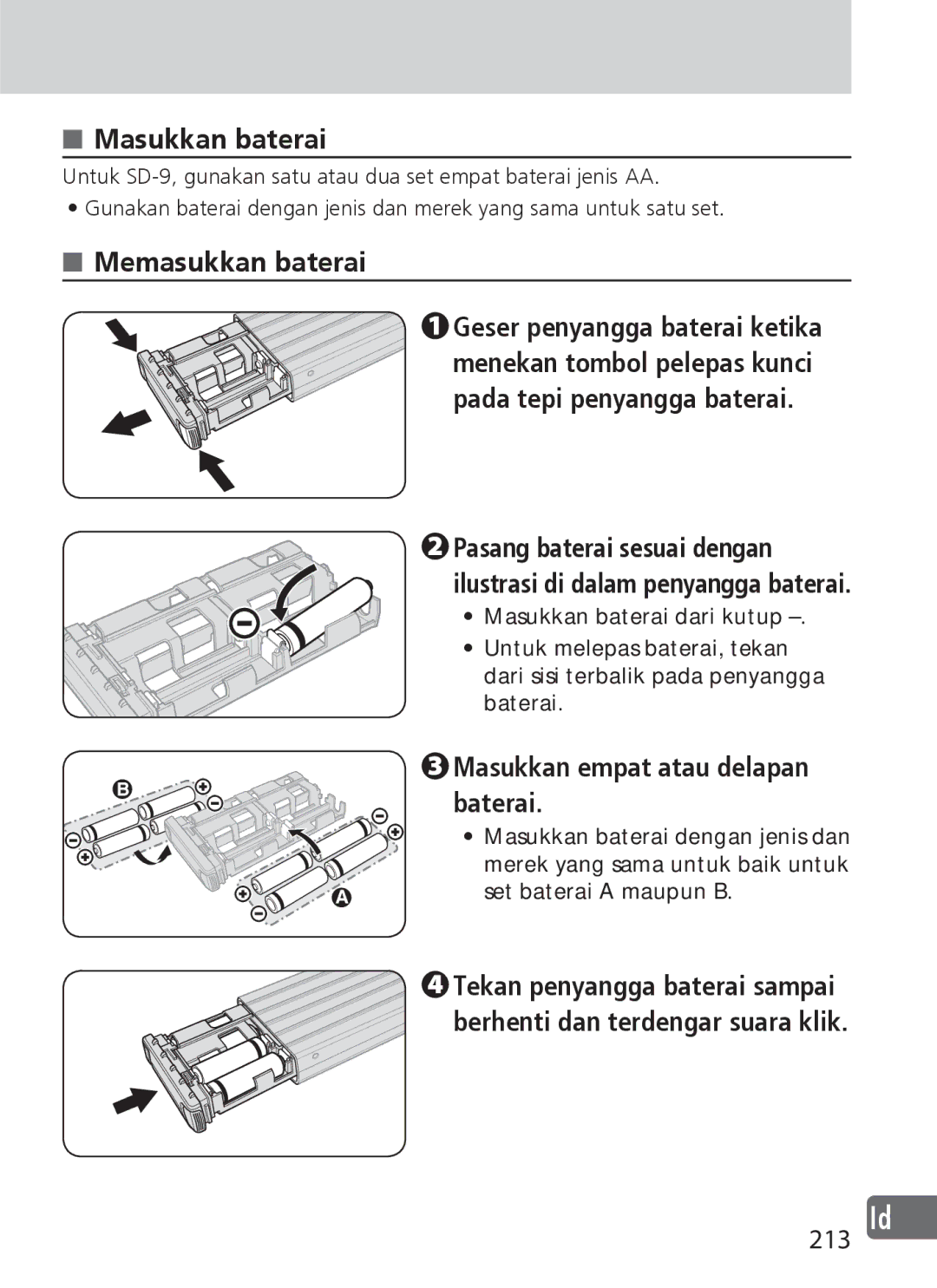 Nikon SD-9 user manual 213 Id, Masukkan baterai, Memasukkan baterai, Masukkan empat atau delapan baterai 