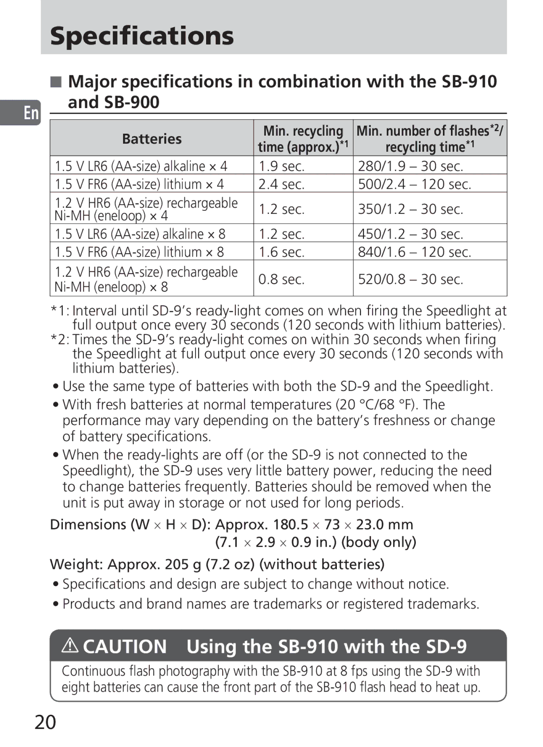 Nikon SD-9 user manual Specifications, Batteries, Recycling time*1, LR6 AA-size alkaline × 