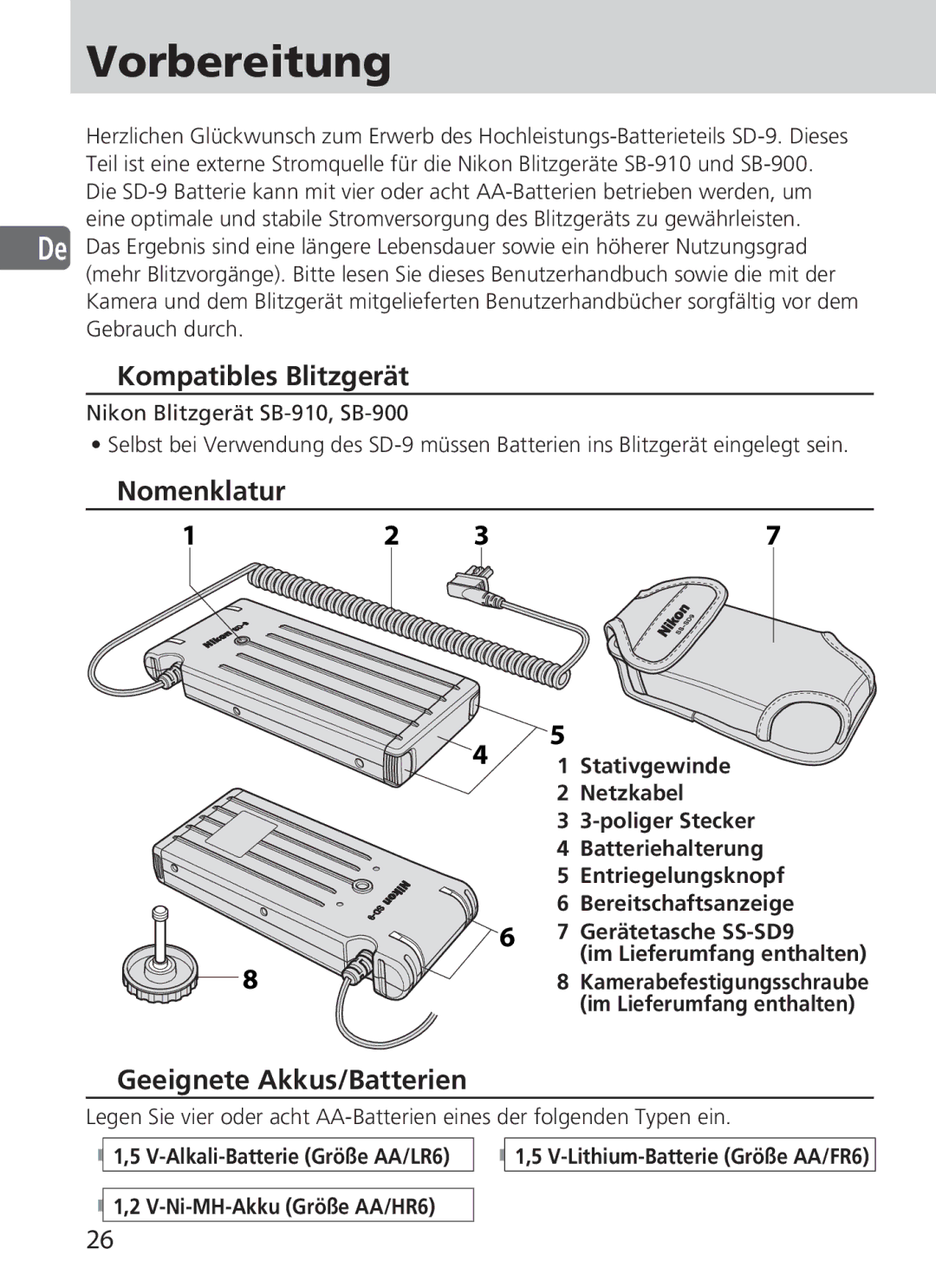 Nikon SD-9 user manual Vorbereitung, Kompatibles Blitzgerät, Nomenklatur, Geeignete Akkus/Batterien 