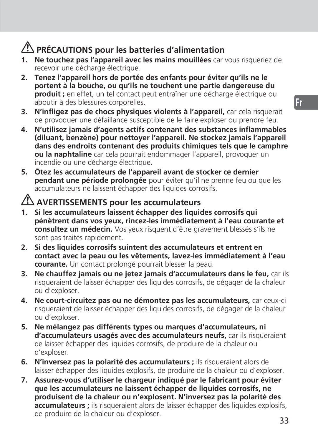 Nikon SD-9 user manual Précautions pour les batteries d’alimentation, Avertissements pour les accumulateurs 