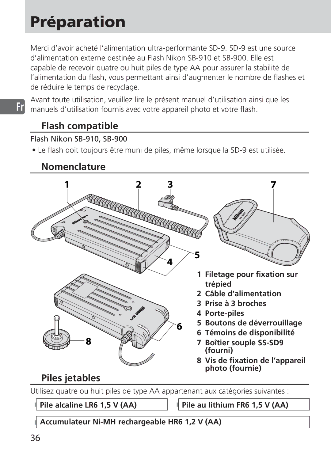 Nikon SD-9 user manual Préparation, Flash compatible, Nomenclature, Piles jetables 