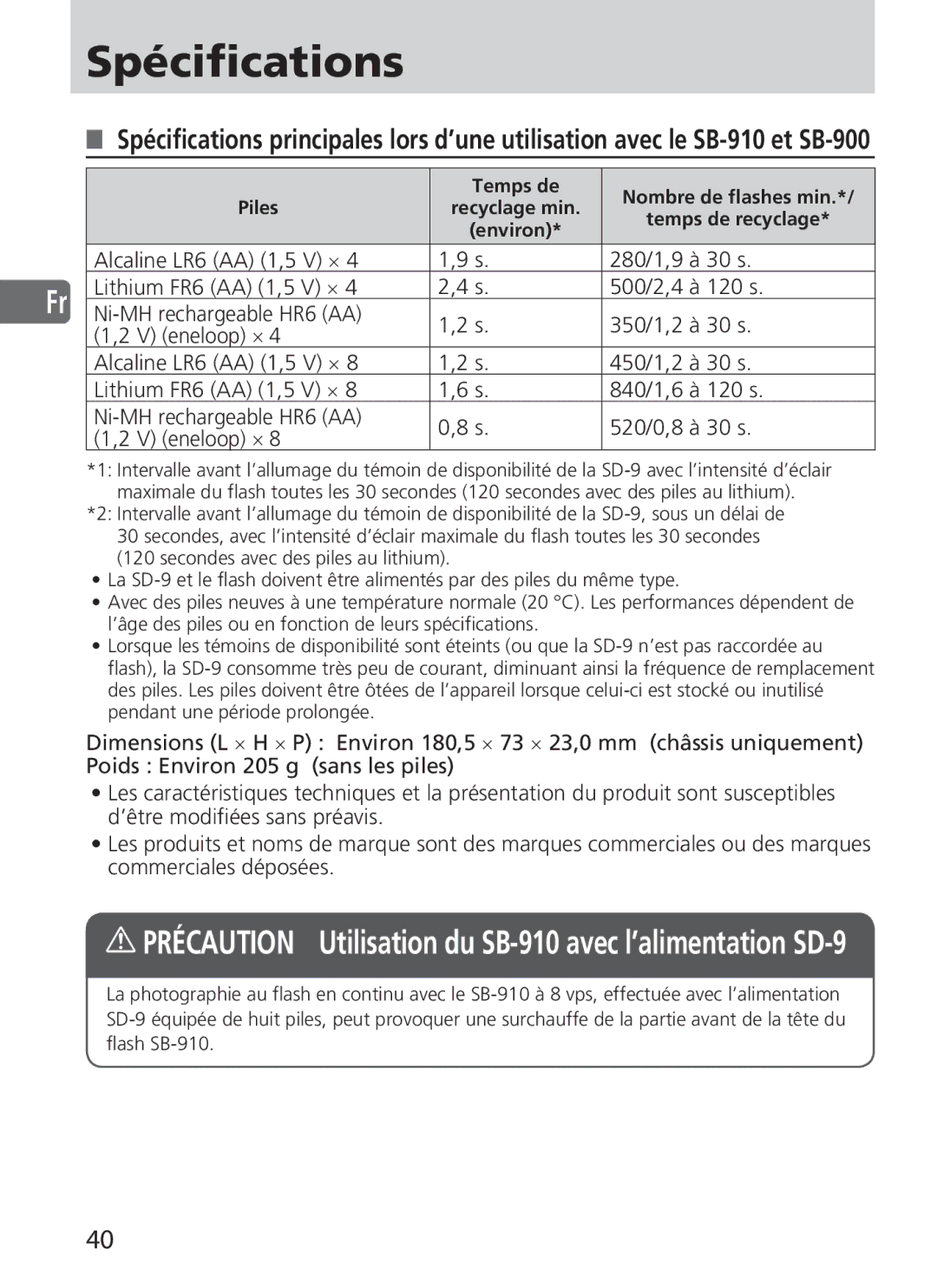 Nikon user manual Spécifications, Précaution Utilisation du SB-910 avec l’alimentation SD-9 