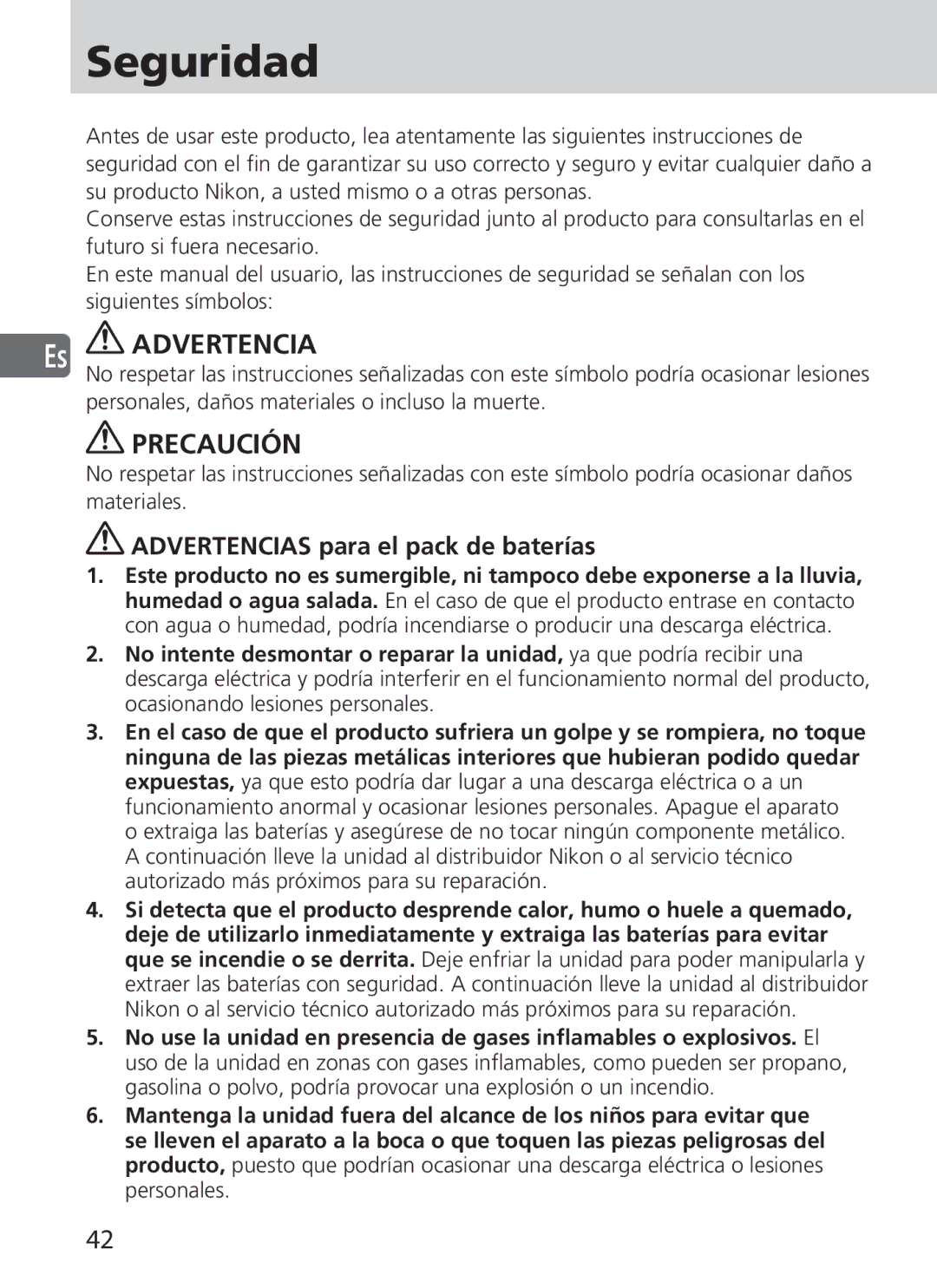 Nikon SD-9 user manual Seguridad, Es Advertencia, Precaución, Advertencias para el pack de baterías 