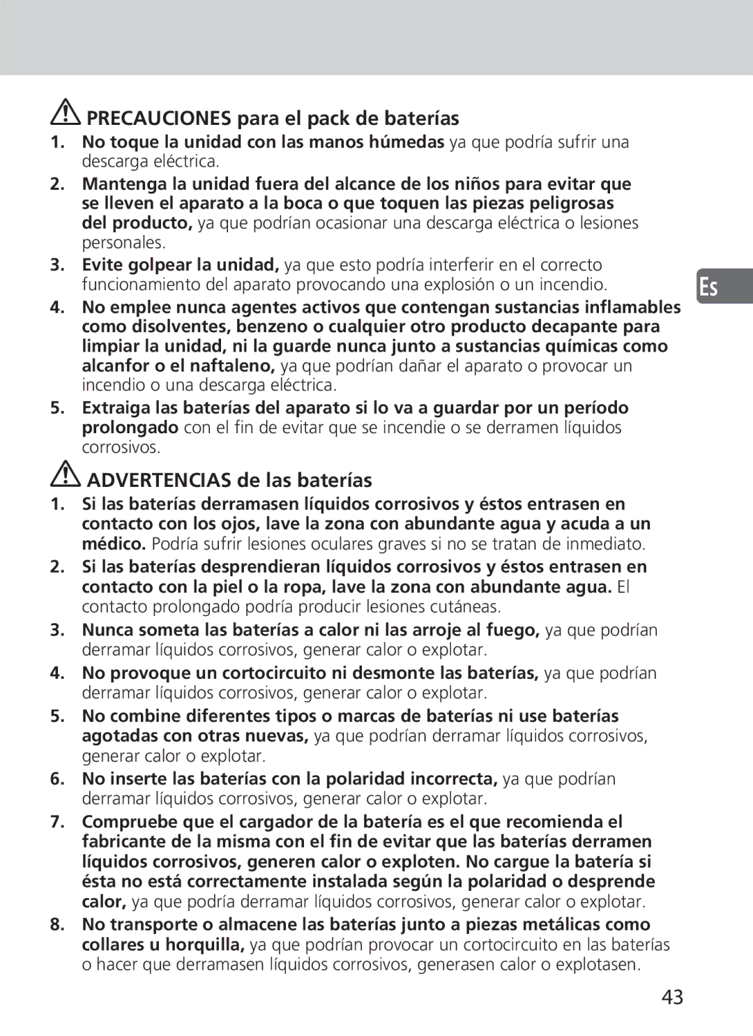 Nikon SD-9 user manual Precauciones para el pack de baterías, Advertencias de las baterías 