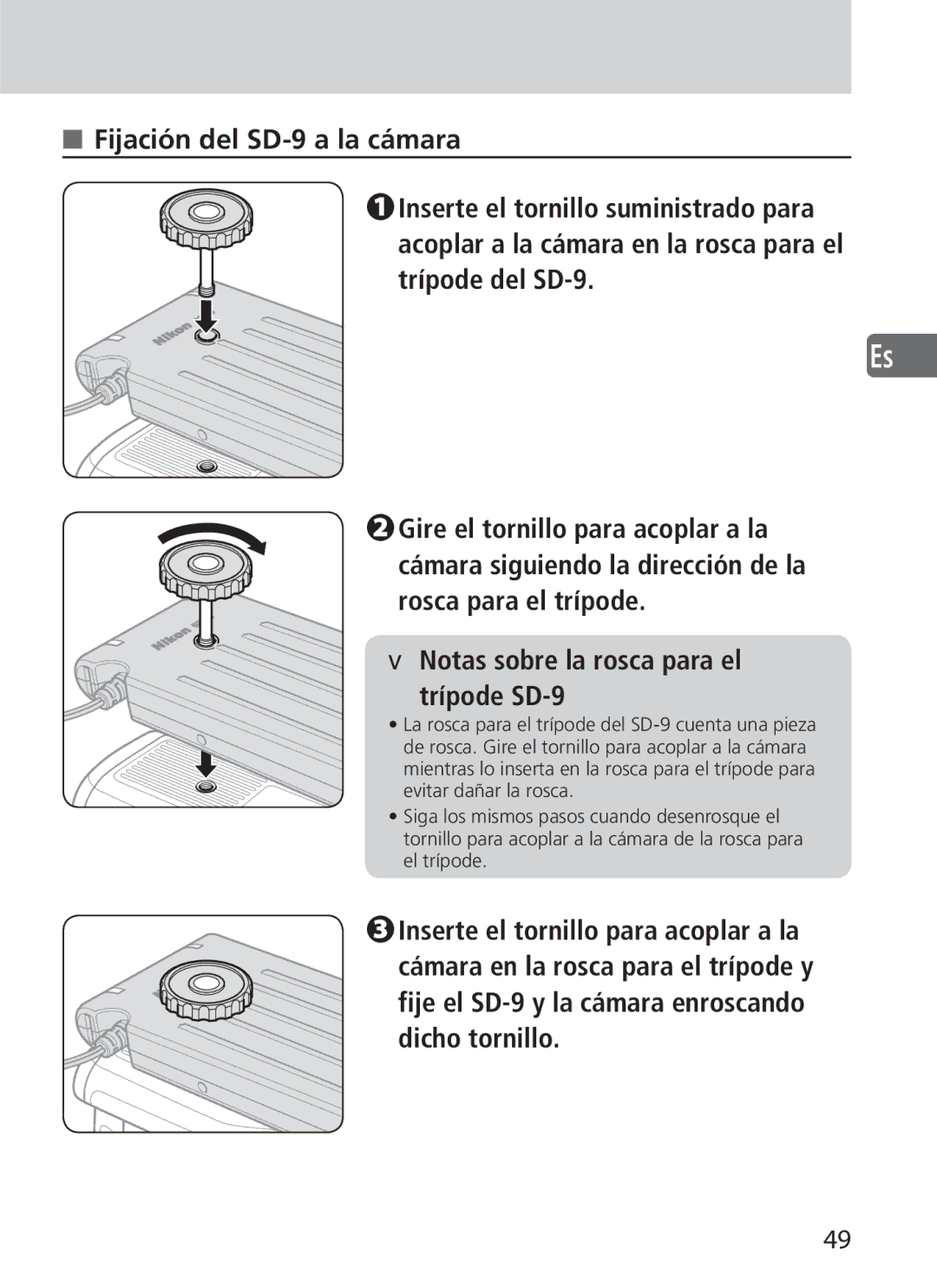 Nikon user manual Notas sobre la rosca para el trípode SD-9 