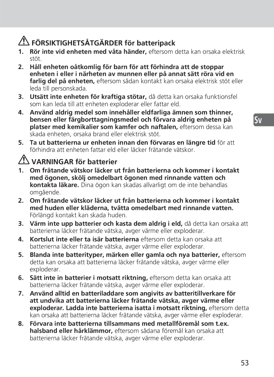 Nikon SD-9 user manual Försiktighetsåtgärder för batteripack, Varningar för batterier 