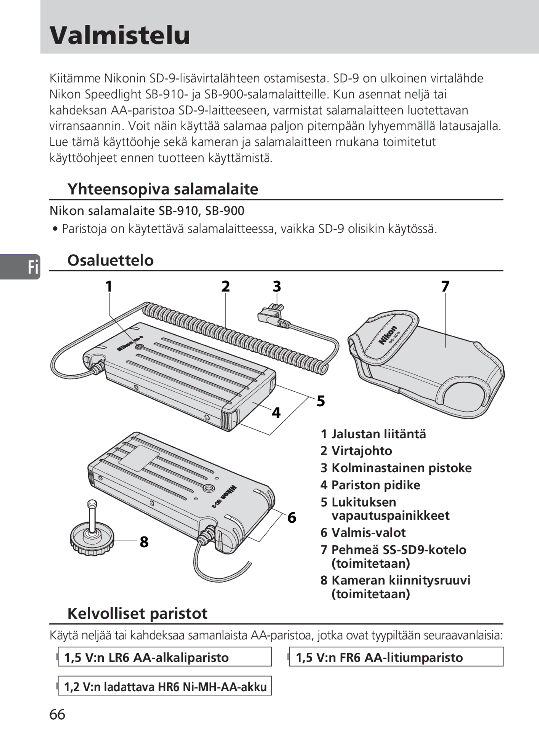 Nikon SD-9 user manual Valmistelu, Yhteensopiva salamalaite, Fi Osaluettelo, Kelvolliset paristot 