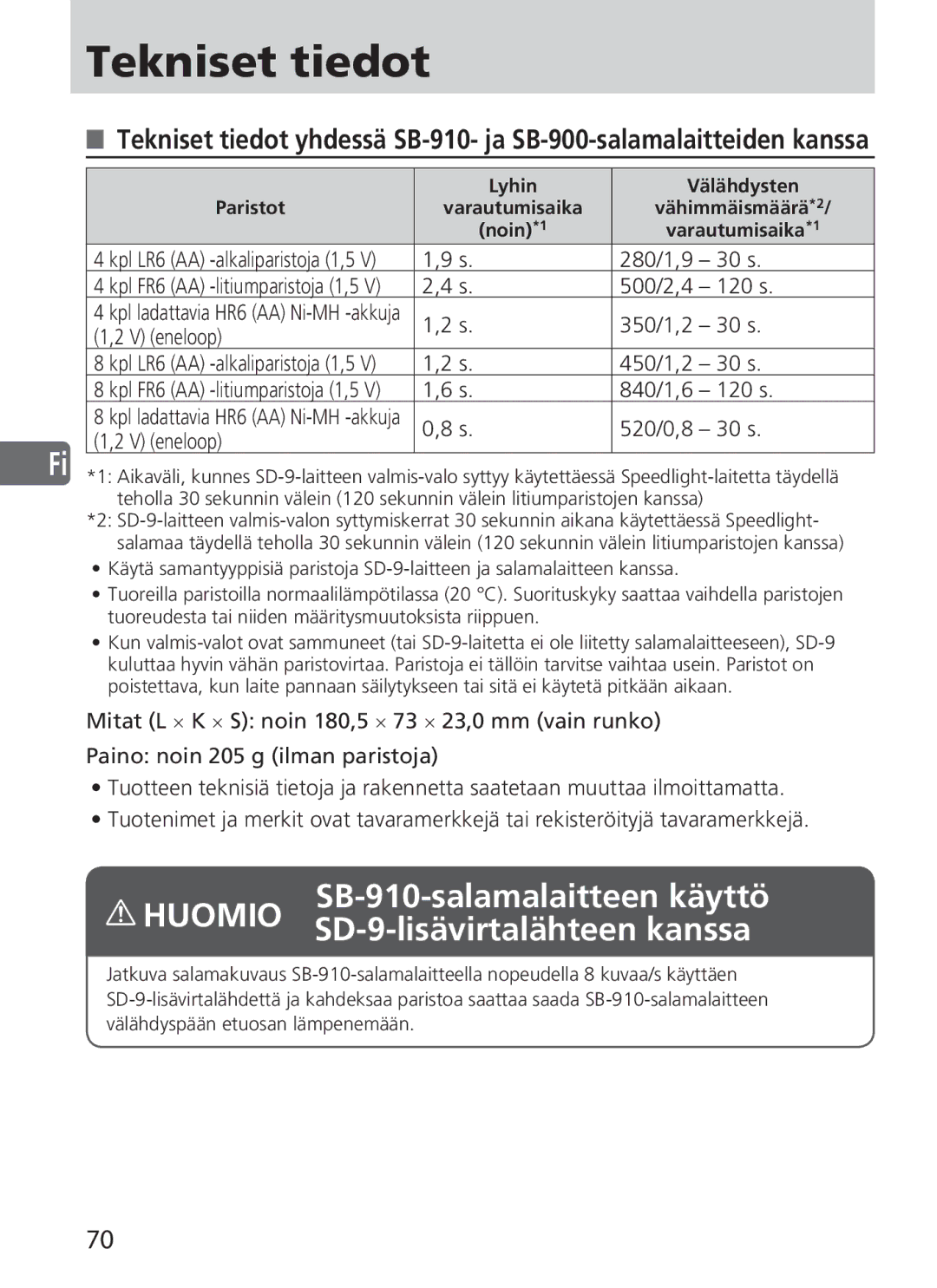 Nikon SD-9 user manual Tekniset tiedot 