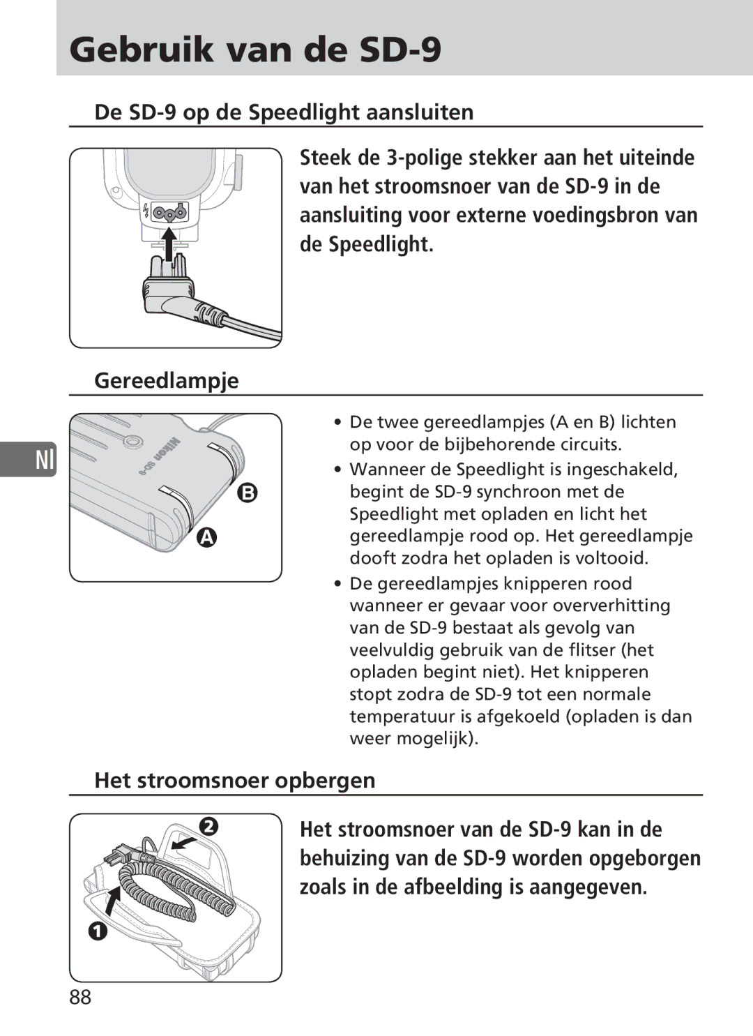 Nikon user manual Gebruik van de SD-9, Het stroomsnoer opbergen 