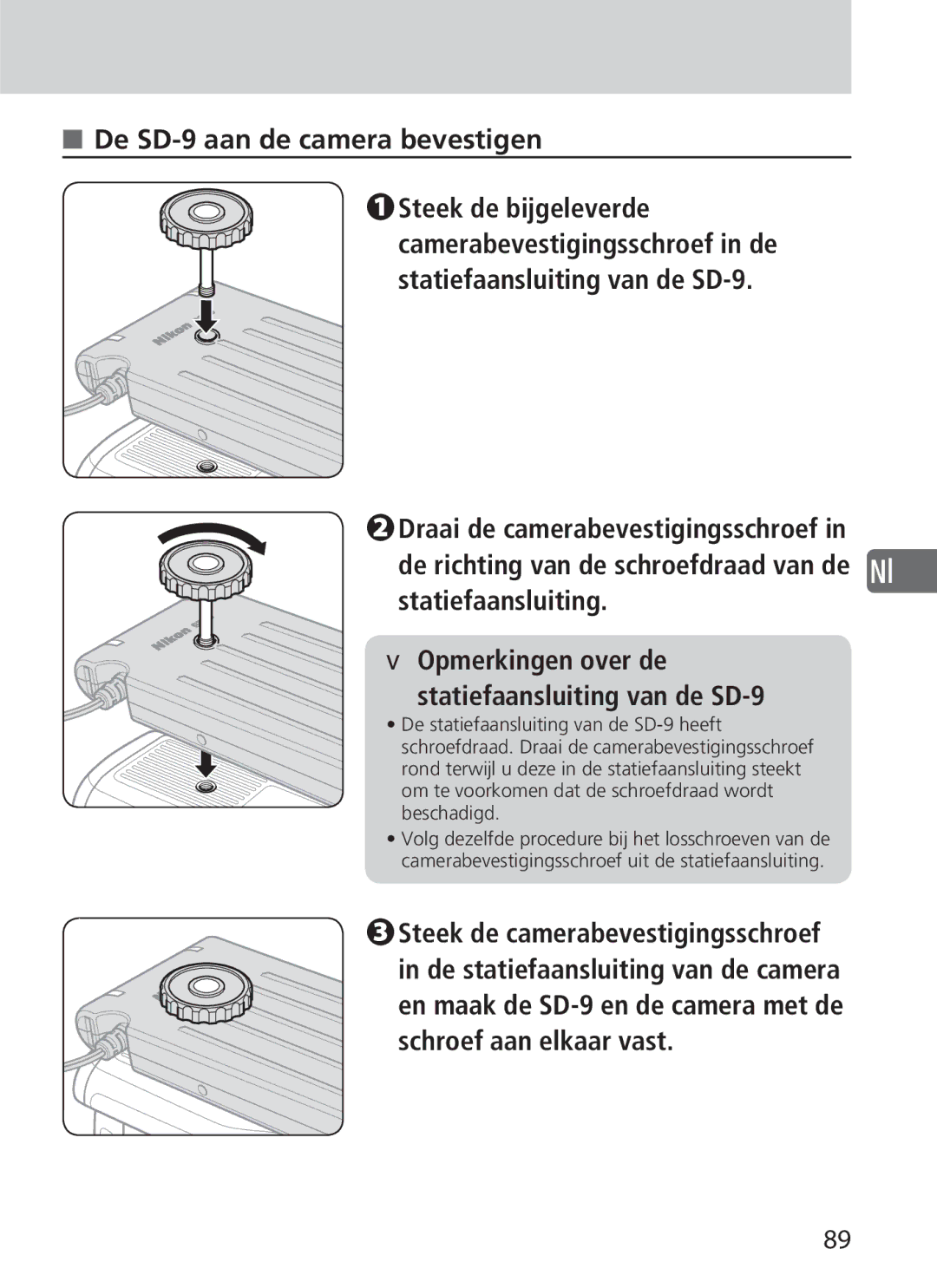 Nikon user manual De SD-9 aan de camera bevestigen, Opmerkingen over de statiefaansluiting van de SD-9 