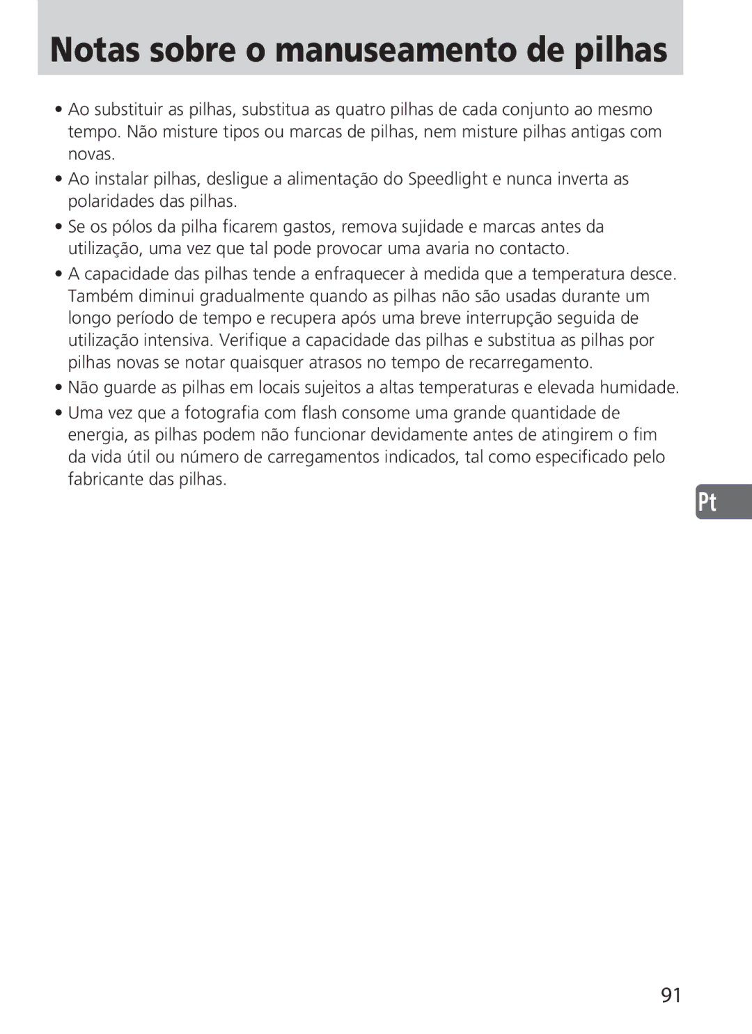 Nikon SD-9 user manual Notas sobre o manuseamento de pilhas 