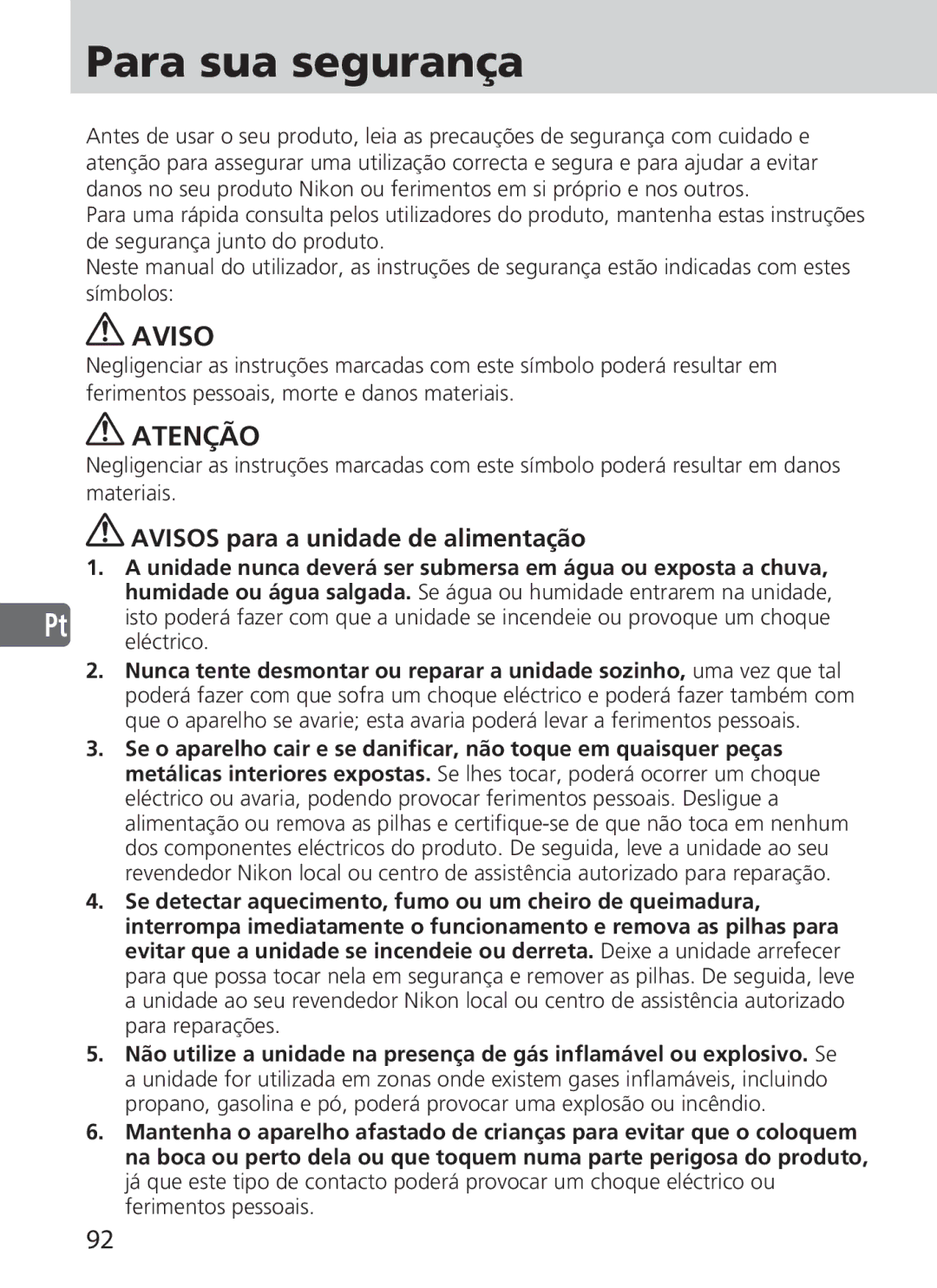 Nikon SD-9 user manual Para sua segurança, Atenção, Avisos para a unidade de alimentação, Eléctrico 