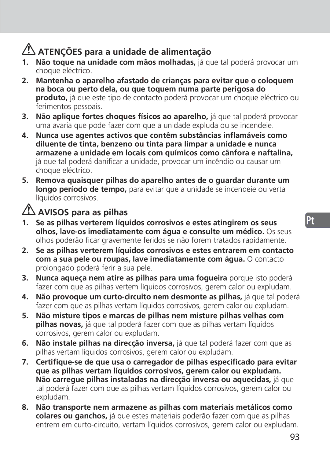 Nikon SD-9 user manual Atenções para a unidade de alimentação, Avisos para as pilhas 