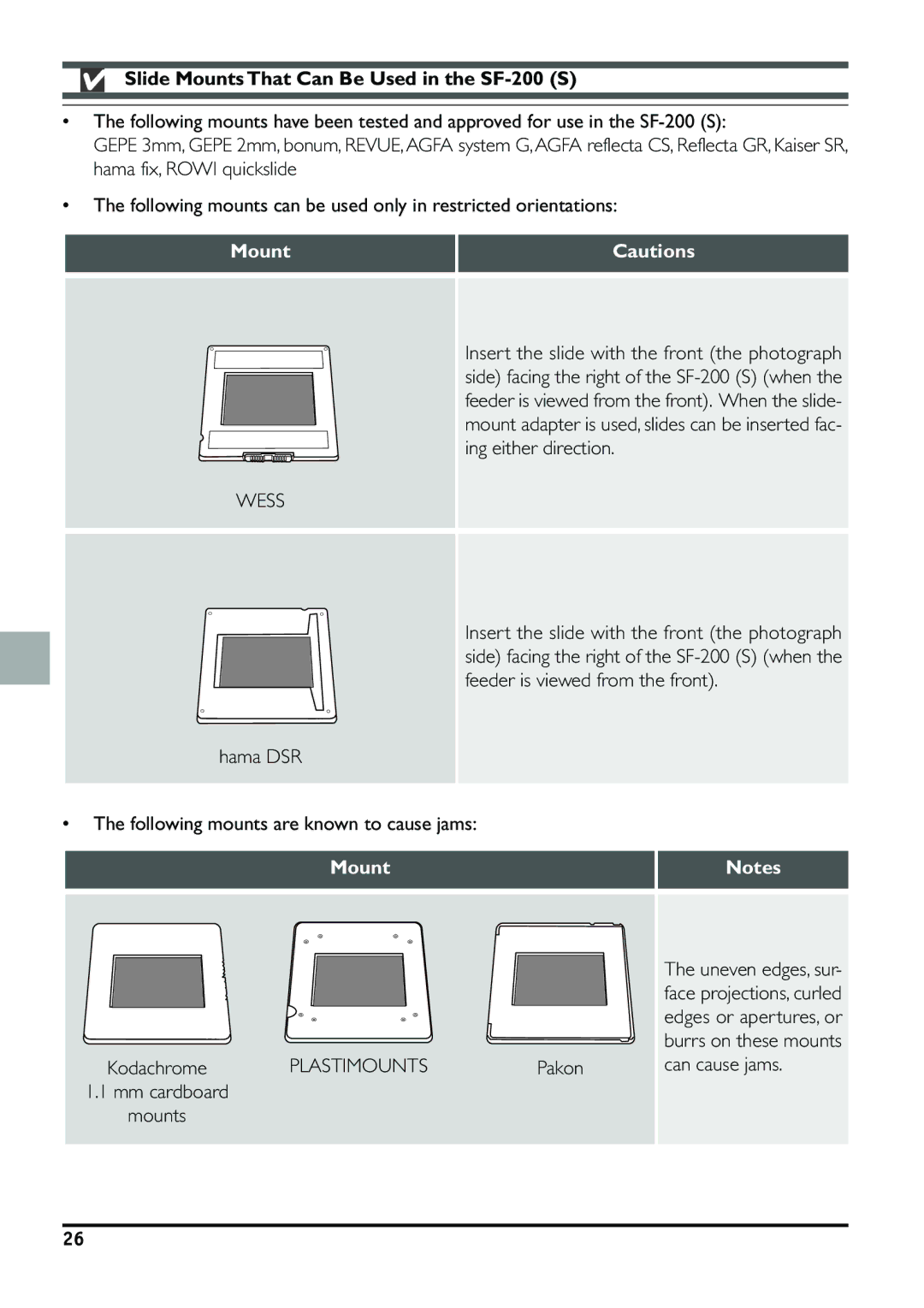 Nikon specifications Slide Mounts That Can Be Used in the SF-200 S 