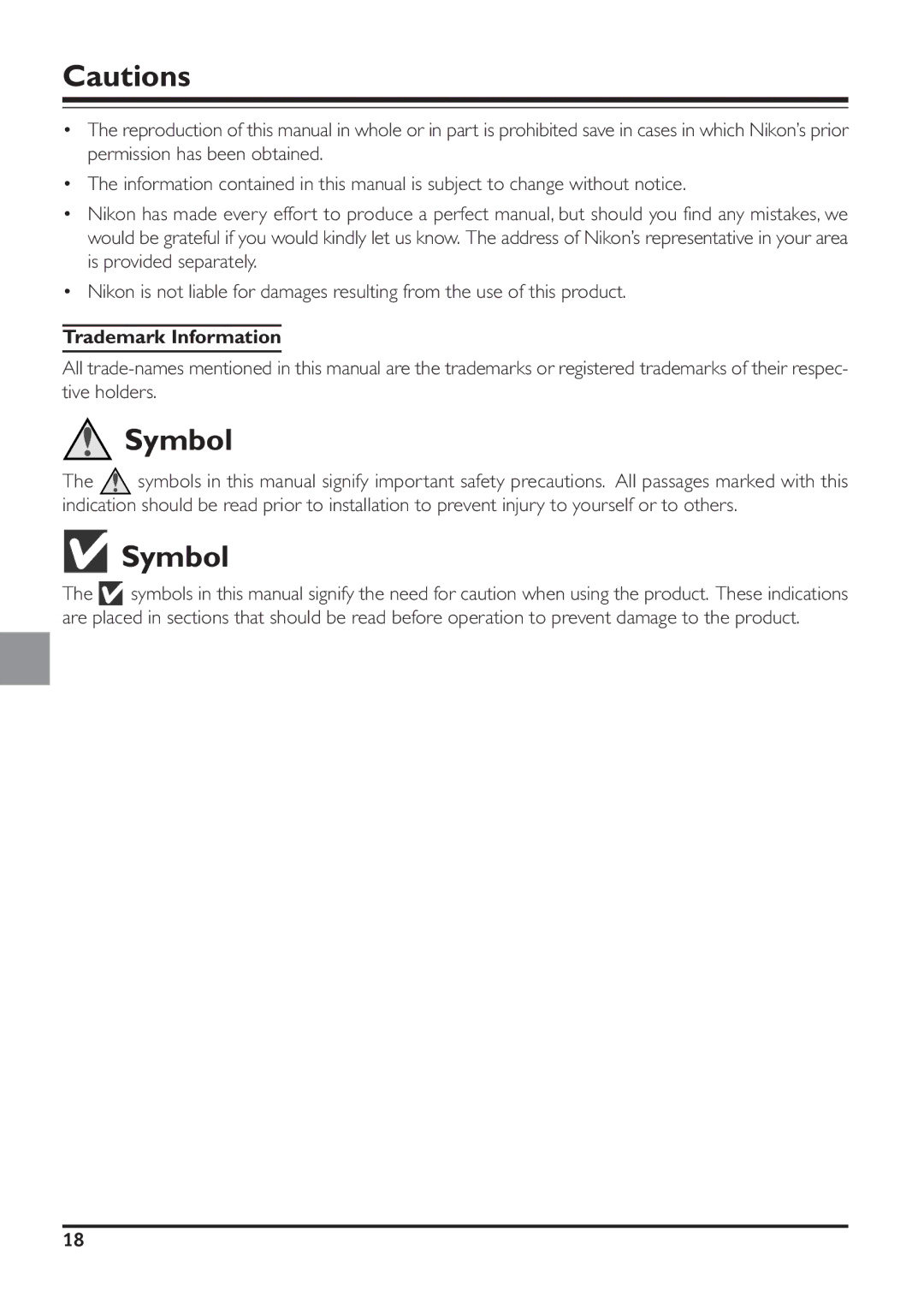 Nikon SF-200 specifications Symbol, Trademark Information 