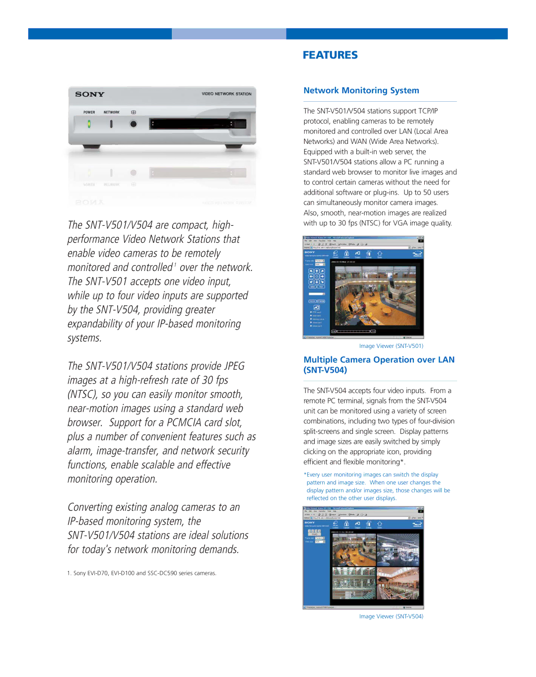 Nikon SNT-V501 manual Features, Network Monitoring System, Multiple Camera Operation over LAN SNT-V504 