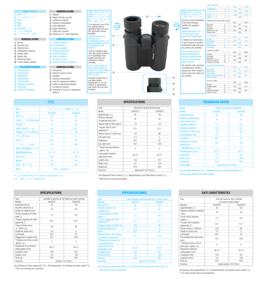 Nikon Sporter EX 10x50 Specifications, Dati Caratteristici, Nomenclature, Nomenclatura, Technische Daten, Teilebezeichnung 