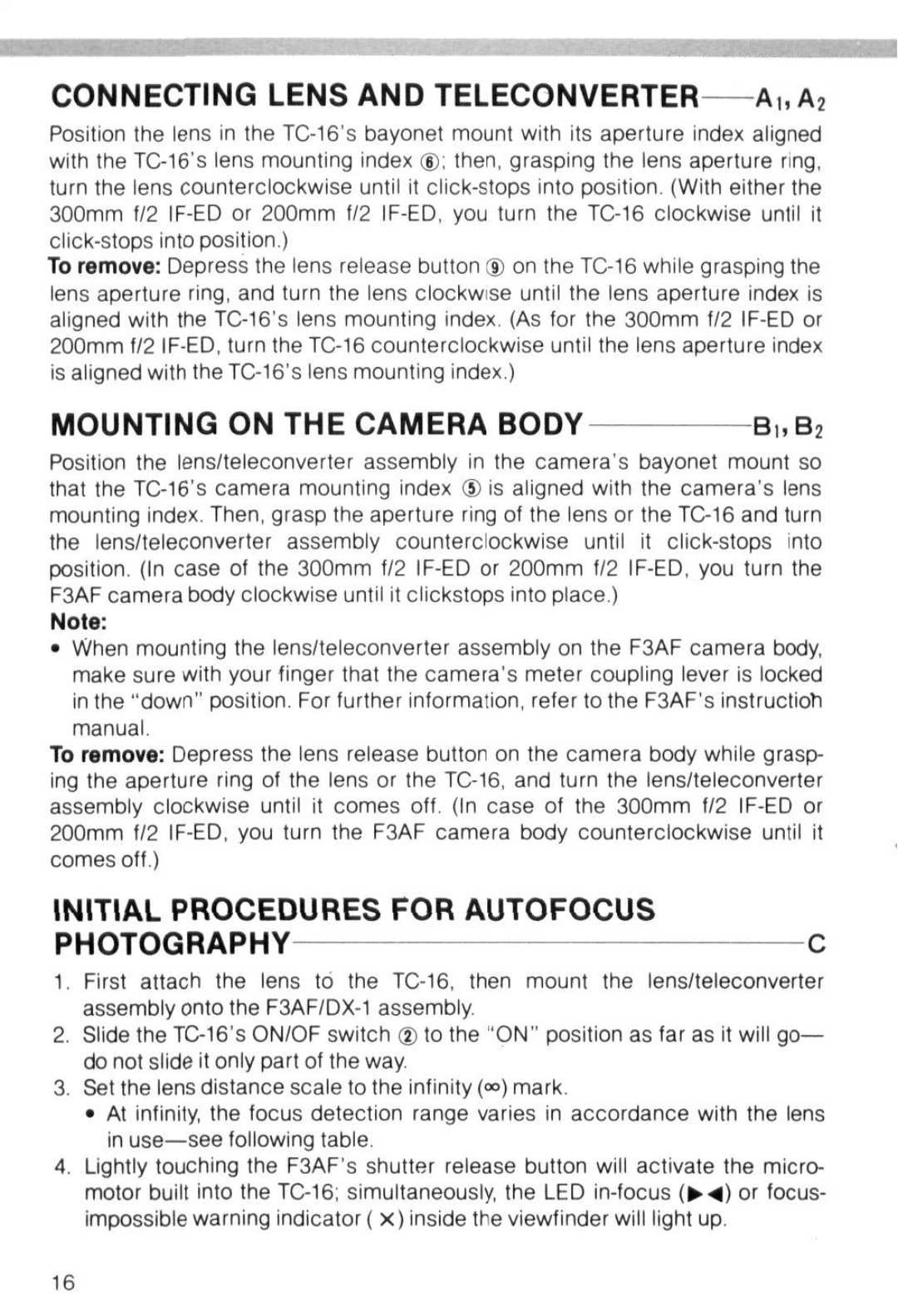 Nikon TC-16 instruction manual Connecting Lens and Teleconverter A„ A2, Mounting on the Camera Body 