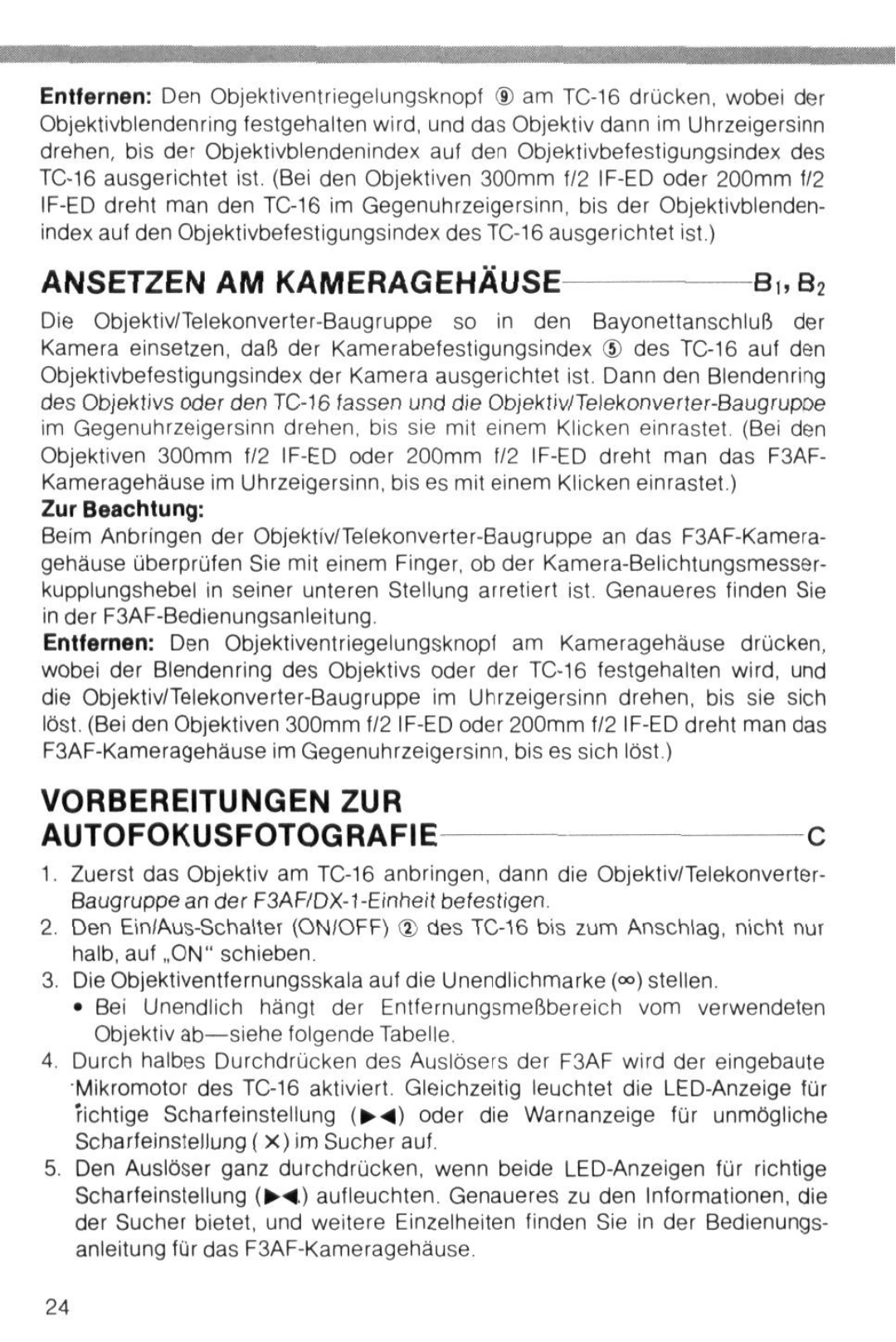 Nikon TC-16 instruction manual Ansetzen AM Kameragehause, Vorbereitungen ZUR Autofokusfotografiec, Zur Beachtung 