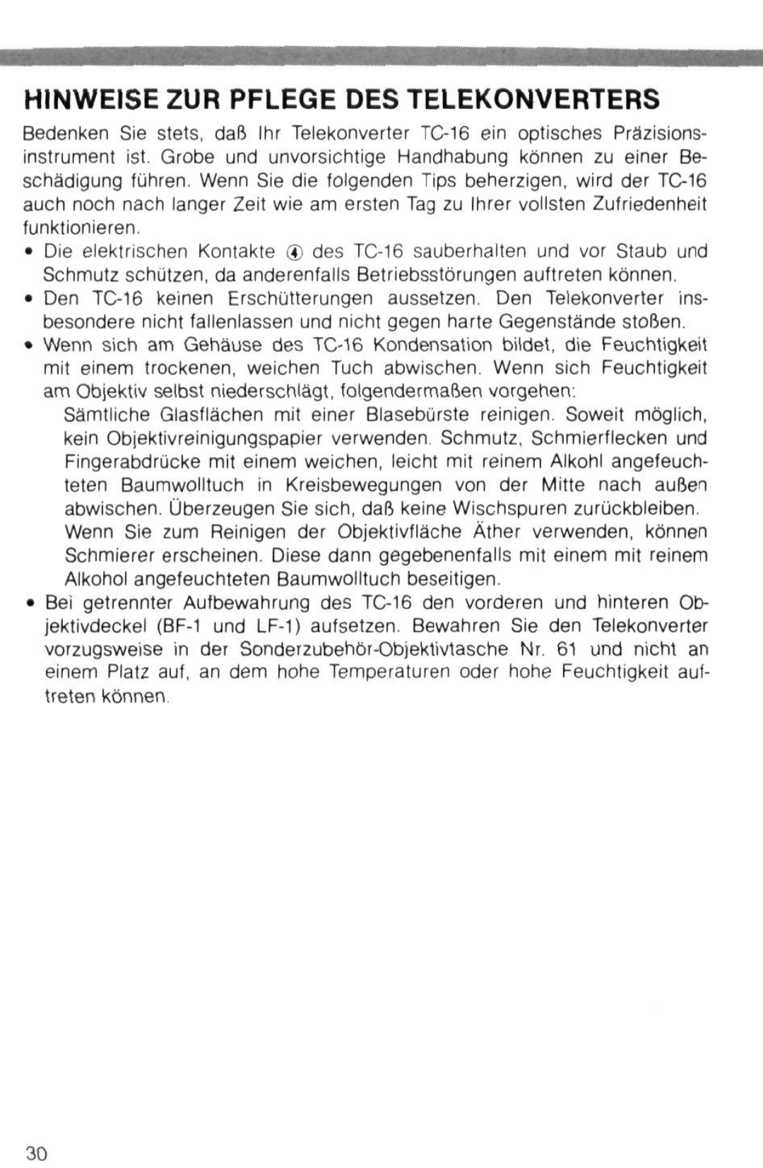 Nikon TC-16 instruction manual Hinweise 2UR Pflege DES Telekonverters 