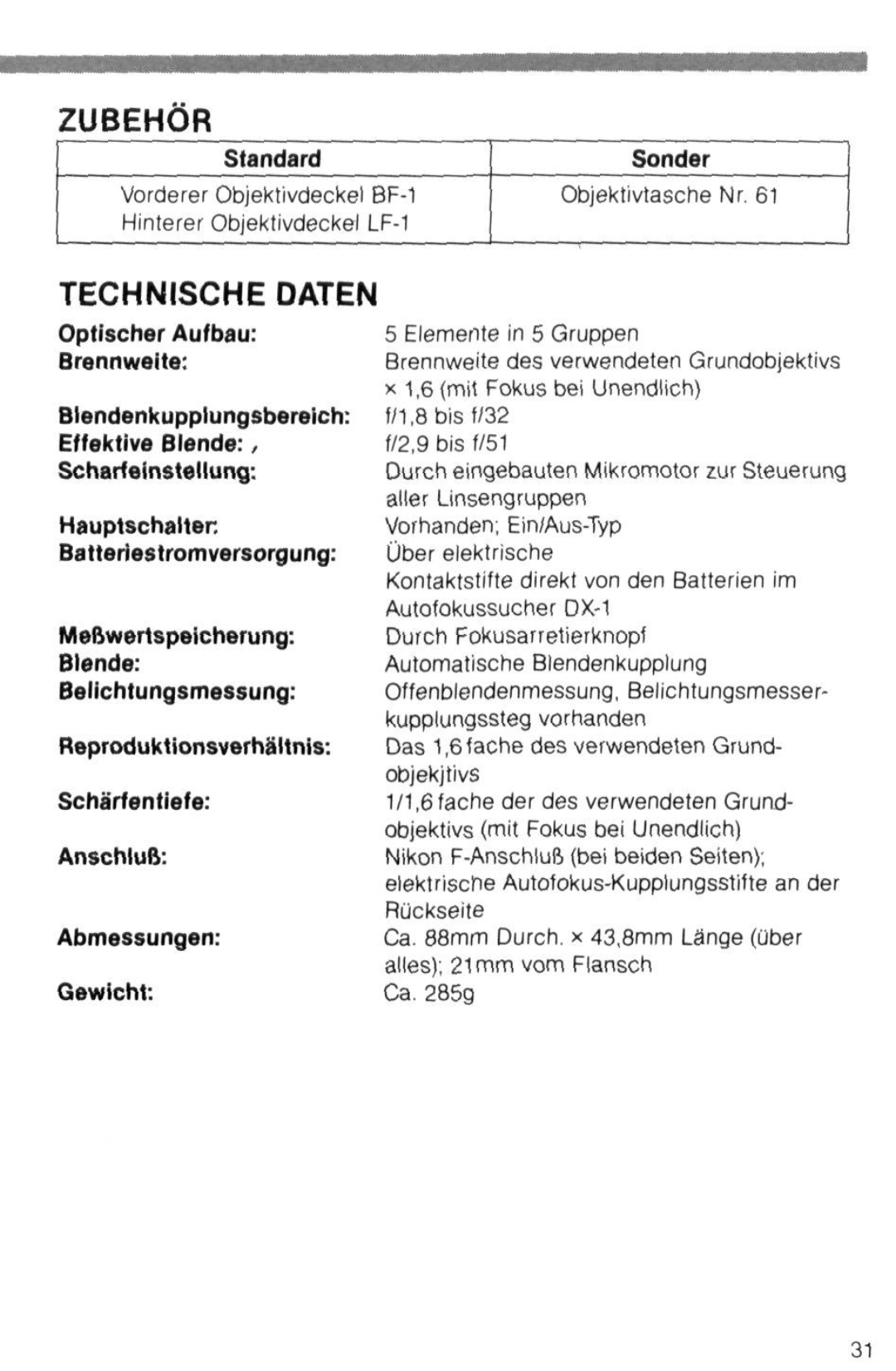 Nikon TC-16 instruction manual Zubehor, Technische Daten 