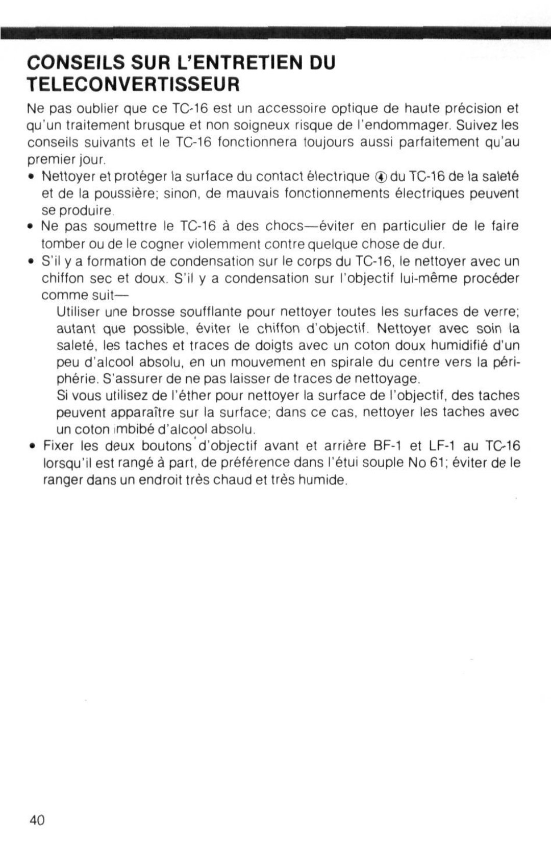 Nikon TC-16 instruction manual Conseils SUR Lentretien DU Teleconvertisseur 