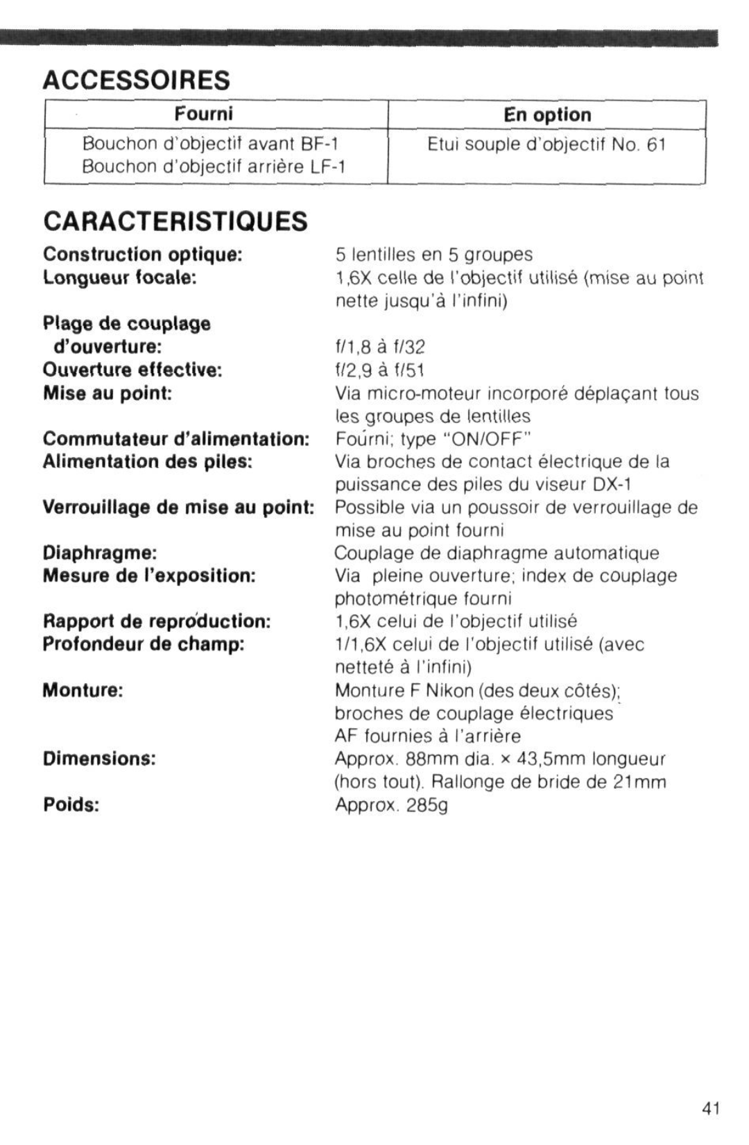 Nikon TC-16 instruction manual Accessoires, Caracteristiques, Fourni, Monture Dimensions Poids 