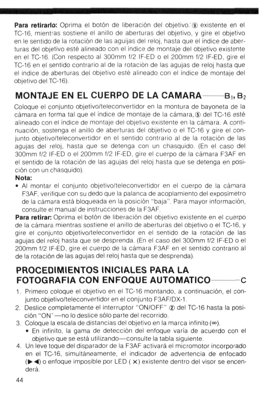 Nikon TC-16 instruction manual Montaje EN EL Cuerpo DE LA Camara B„B2, Nota 