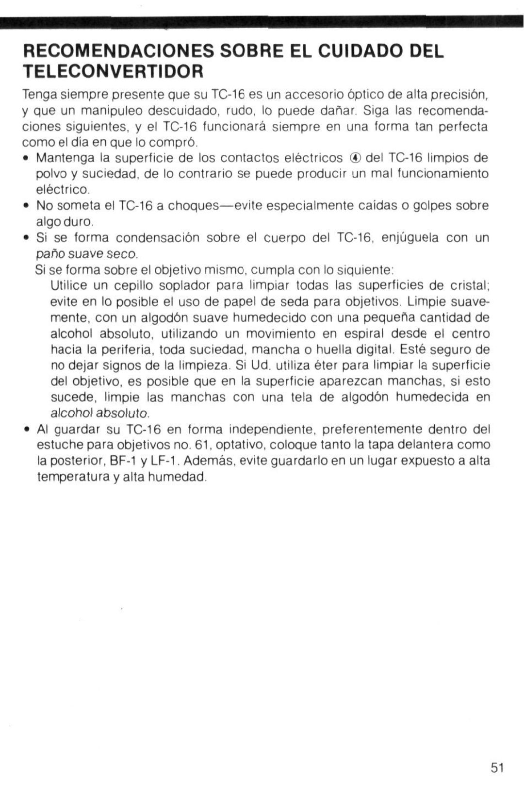 Nikon TC-16 instruction manual Recomendaciones Sobre EL Cuidado DEL Teleconvertidor 