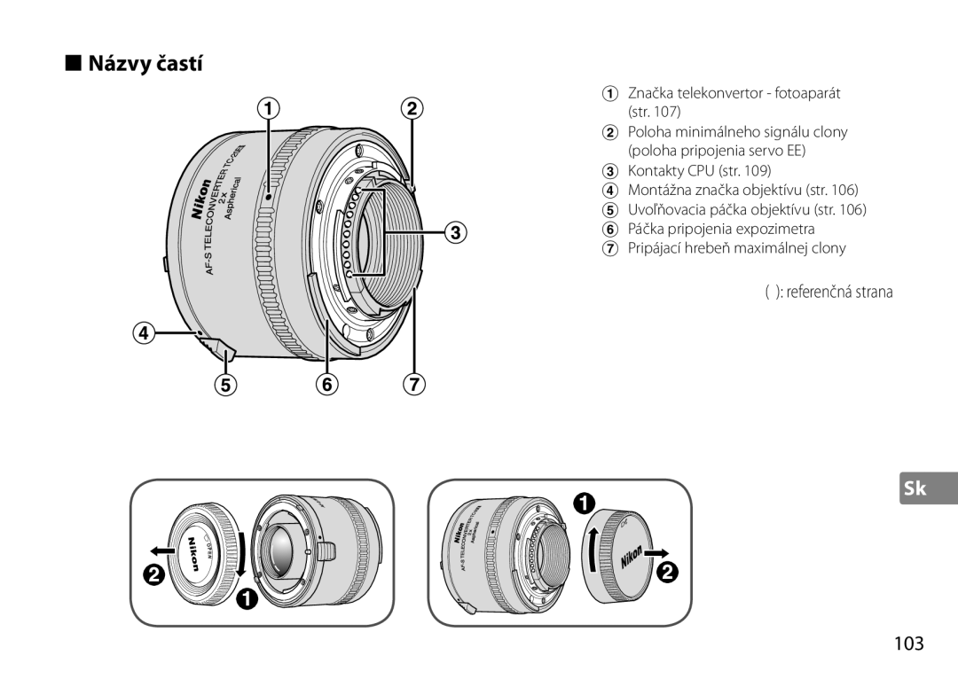 Nikon TC-20E III manual Názvy častí, 103, Referenčná strana 