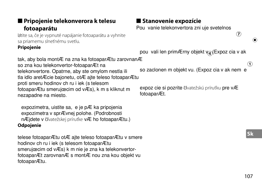 Nikon TC-20E III manual Pripojenie telekonverora k telesu Fotoaparátu, Stanovenie expozície, 107 