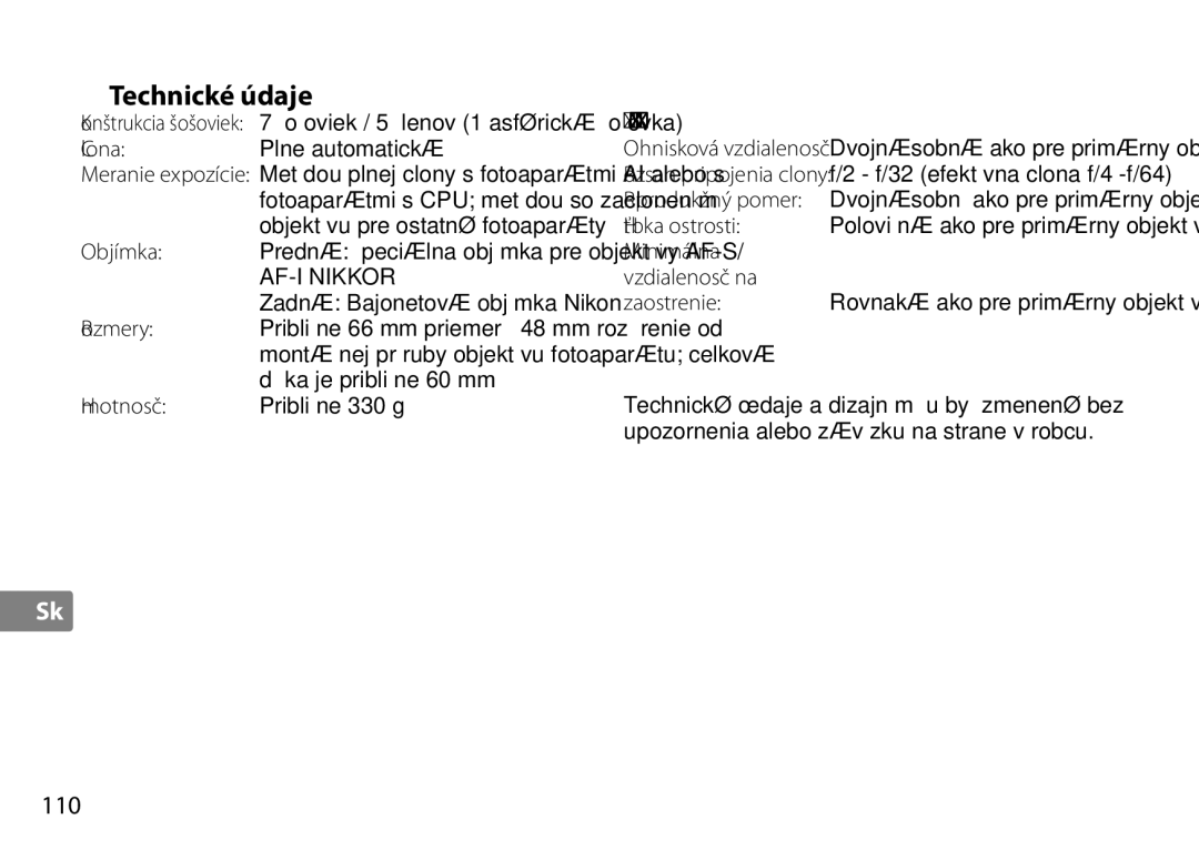 Nikon TC-20E III manual Technické údaje, 110 