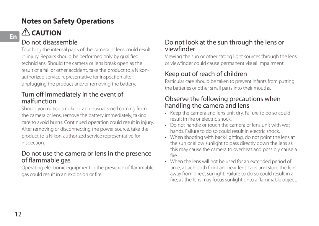 Nikon TC-20E III Viewfinder, Keep out of reach of children, Turn off immediately in the event, Malfunction, Flammable gas 