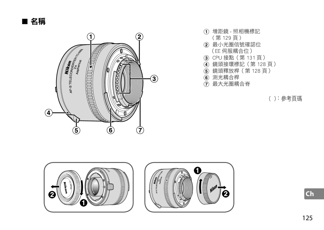 Nikon TC-20E III manual 125, 129 頁, CPU 接點（第 131 頁） 