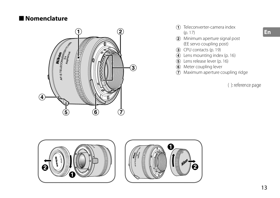 Nikon TC-20E III manual Nomenclature, Reference 