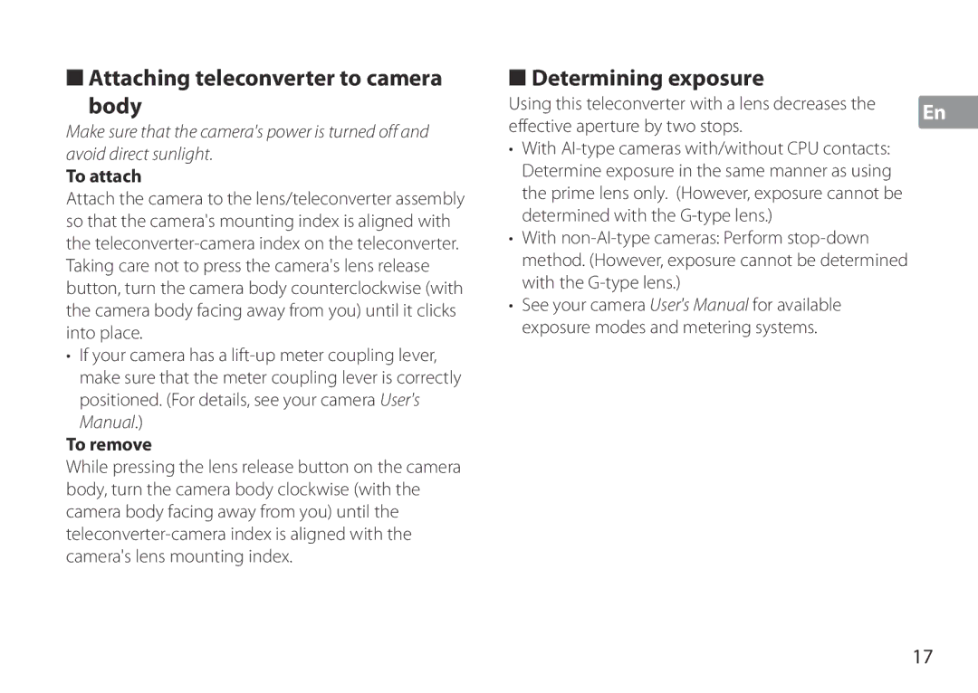 Nikon TC-20E III manual Attaching teleconverter to camera Body, Determining exposure, Effective aperture by two stops 