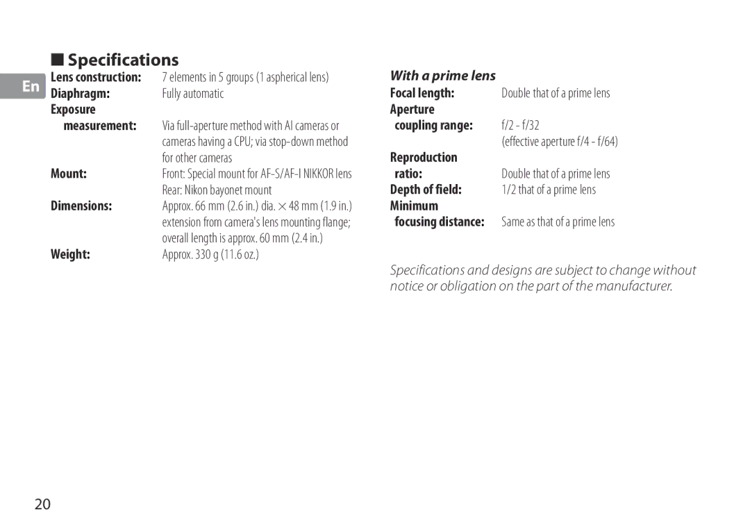 Nikon TC-20E III manual Specifications 