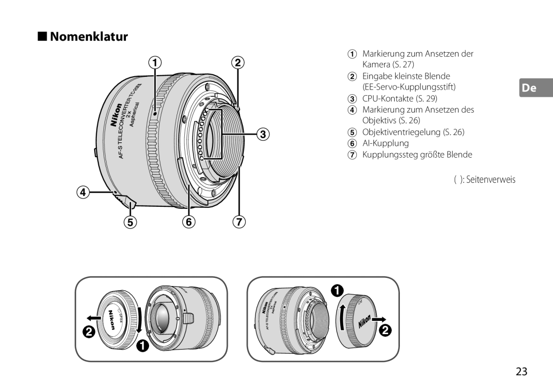 Nikon TC-20E III manual Nomenklatur, Seitenverweis 