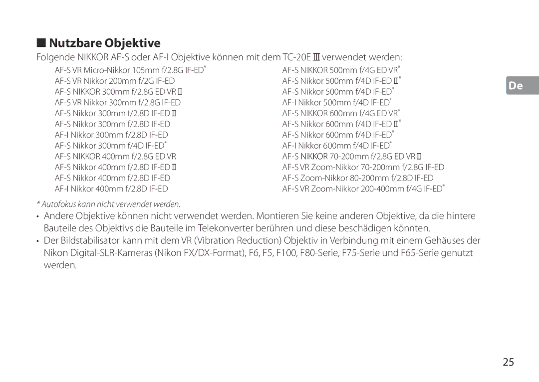 Nikon TC-20E III manual Nutzbare Objektive 