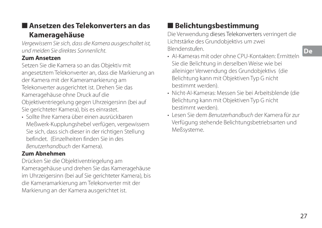 Nikon TC-20E III manual Ansetzen des Telekonverters an das Kameragehäuse, Belichtungsbestimmung 