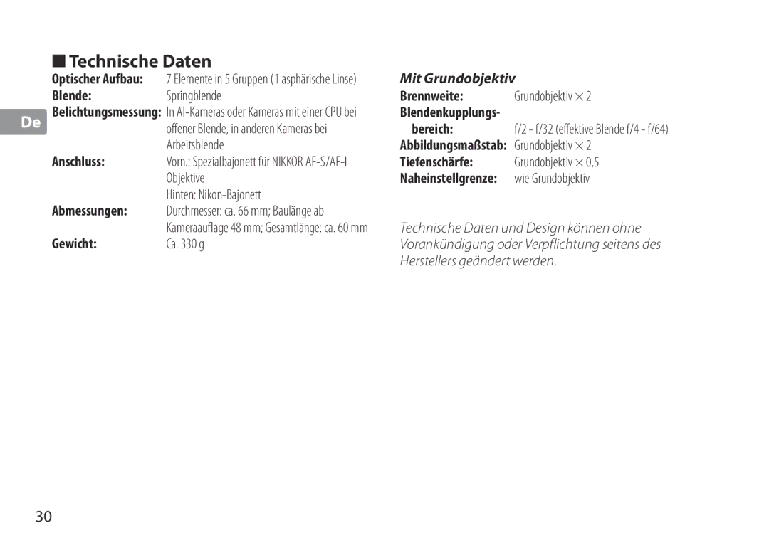 Nikon TC-20E III manual Technische Daten 