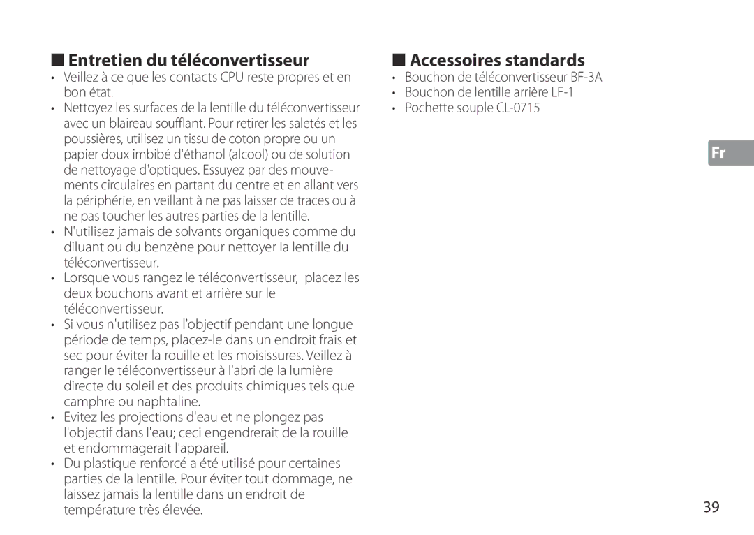 Nikon TC-20E III manual Entretien du téléconvertisseur, Accessoires standards 