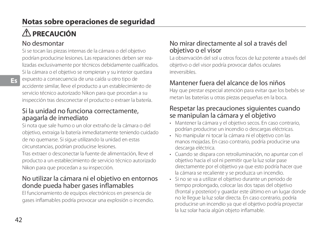 Nikon TC-20E III manual Notas sobre operaciones de seguridad, No desmontar No mirar directamente al sol a través del 