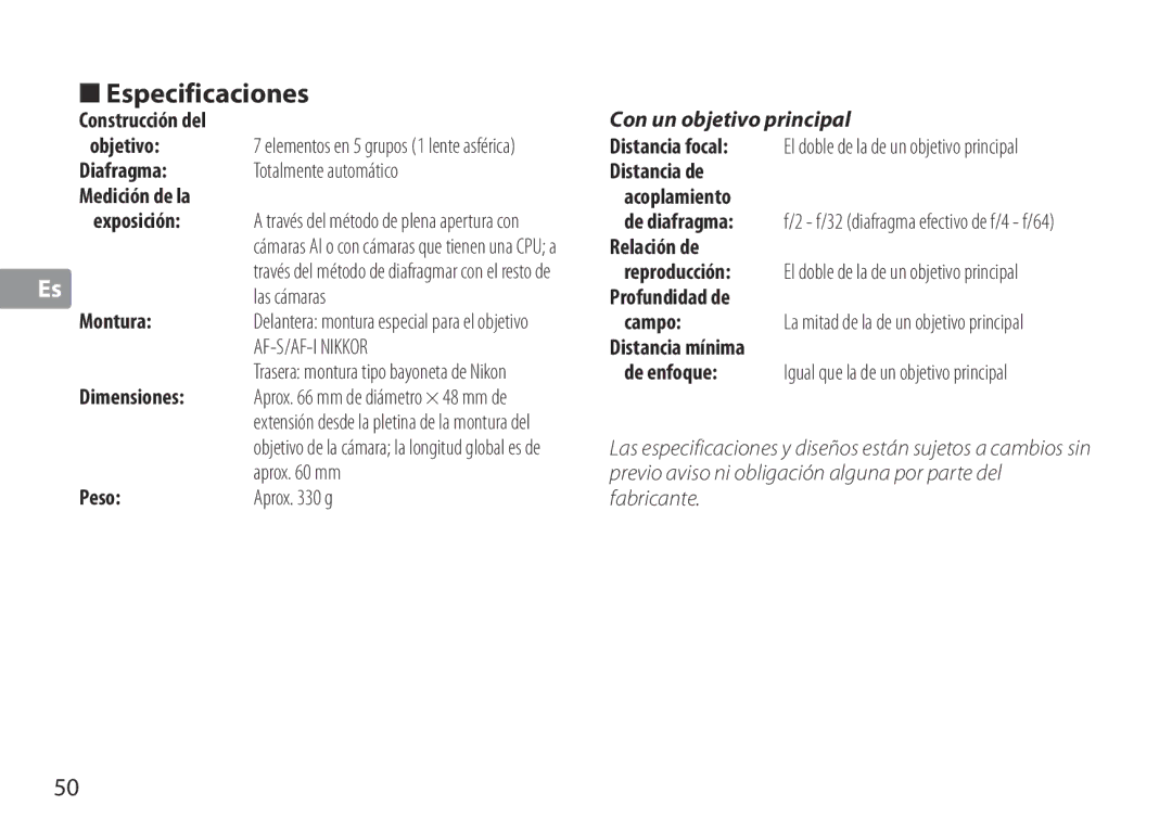 Nikon TC-20E III manual Especificaciones, Relación de 