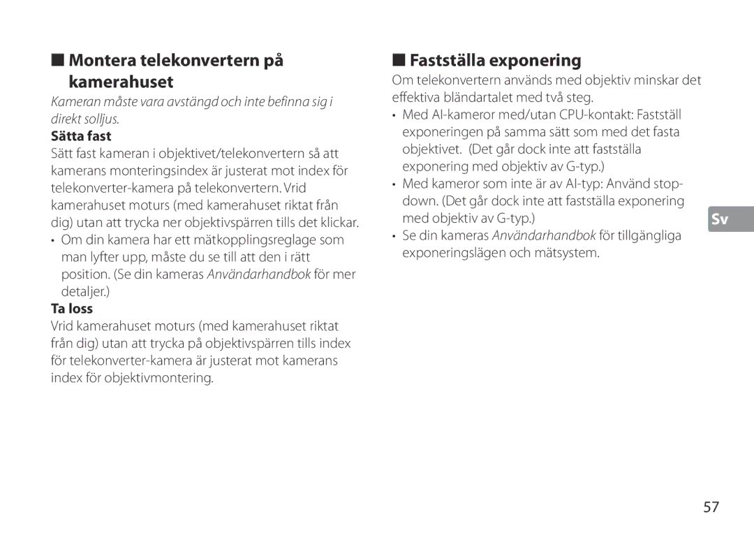 Nikon TC-20E III manual Montera telekonvertern på Kamerahuset, Fastställa exponering, Detaljer, Med objektiv av G-typ 